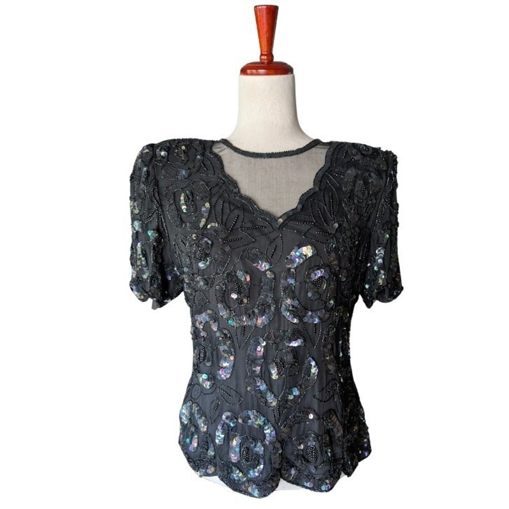 Laurence Kazar Vintage Black Silk Sequin Beaded Evening Top Blouse Petite Medium